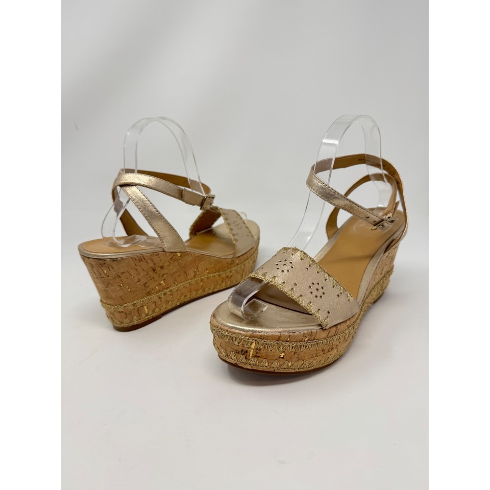 Jack Rogers Lennon Platinum Gold Cork Wedge Sandals Platform Ankle Strap Sz. 8.5